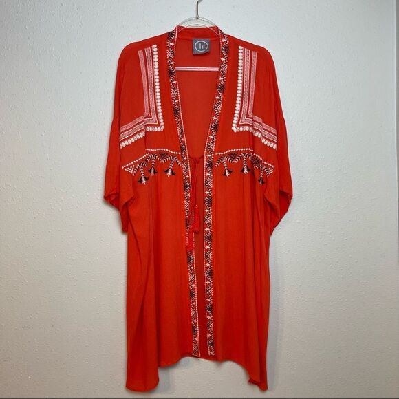 Lily Rain Orange Embroidered Tie Front Kimono Size Small - Picture 1 of 7